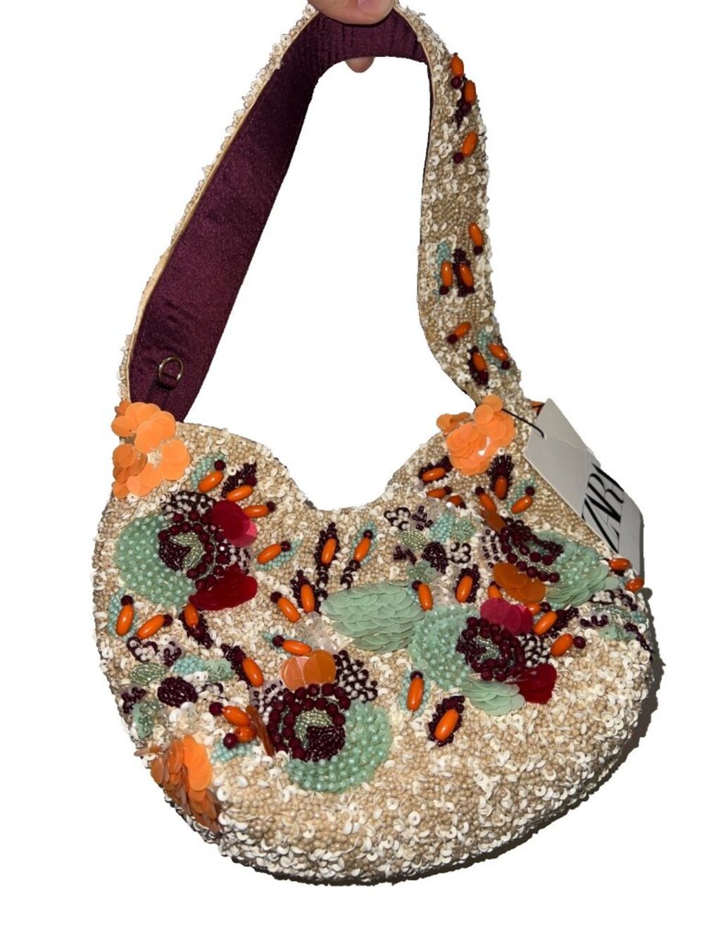 ZARA Womens Beaded Mini Bucket Bag Purse Sequined embellished Ecru 6587/510 NWT - Picture 2 of 9